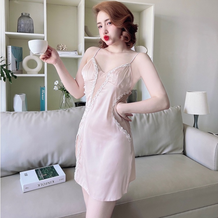 Váy Ngủ Nữ Latin Chạy Ren Thân Kèm Quần SOJUN Vải Latin Dưới 60Kg