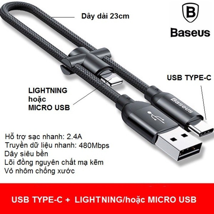 Cáp Sạc Nhanh Baseus U-Shaped Portable Dây Ngắn 23cm Cổng Type C Có Tích Hợp Thêm Cổng Lightning/ Micro USB 4.8