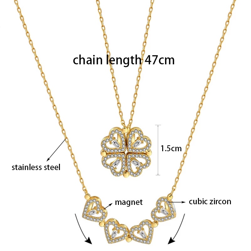 Women folding heart-shaped four-leaf clover Pendant Necklace/Girls cubic zirconia Simple Chain Necklaces /Ladies Fashion Design jewellery Gifts