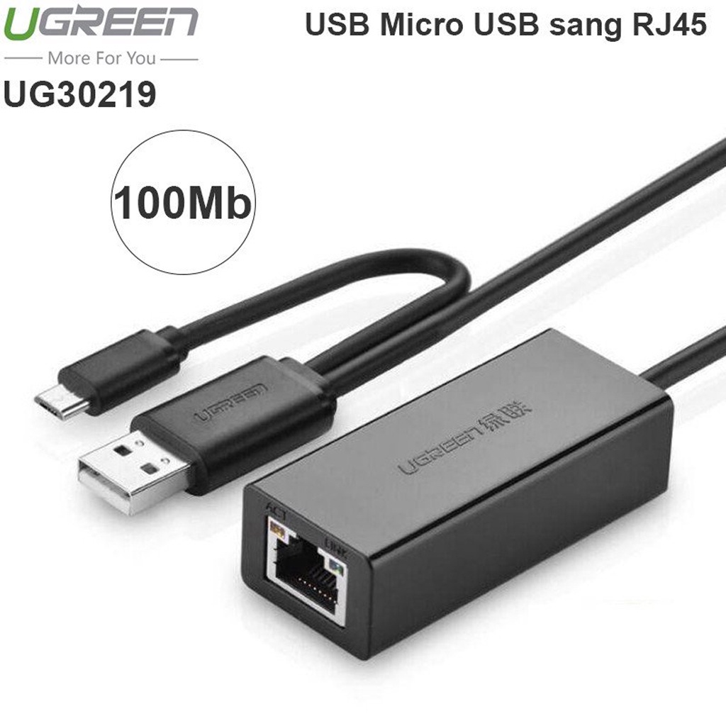 Cáp Micro USB &amp; USB 2.0 Ra LAN RJ45 Có OTG UGREEN 30219  Chính Hãng