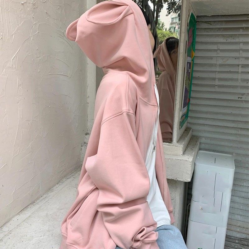 Áo Khoác Cardigan Dáng Rộng Có Khóa Kéo Phối Tai Thỏ Xinh Xắn Theo Phong Cách Thu Đông Nhật Bản Dành Cho Nữ