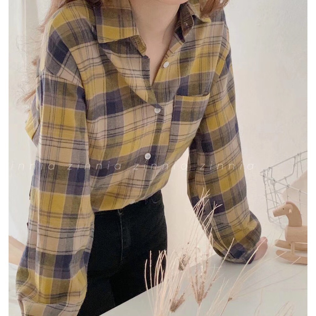 ÁO SƠ MI KẺ CARO ULZZANG OVERSIZE - SƠ MI TÚI NGỰC NHIỀU MÀU