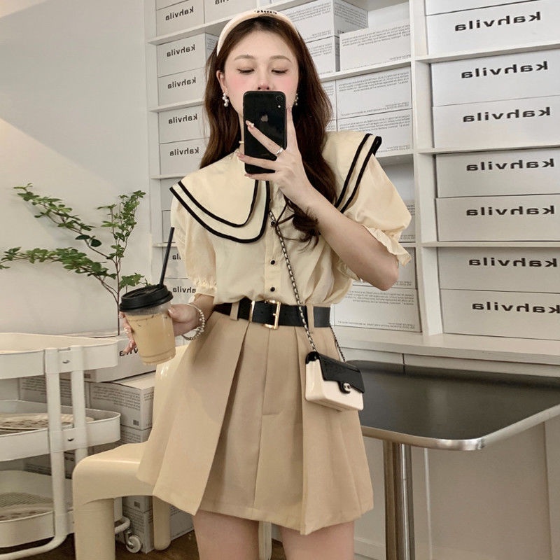 Bộ Áo Sơ Mi Cổ Búp Bê + Chân Váy Ngắn Đáng Yêu Thời Trang Cho Nữ