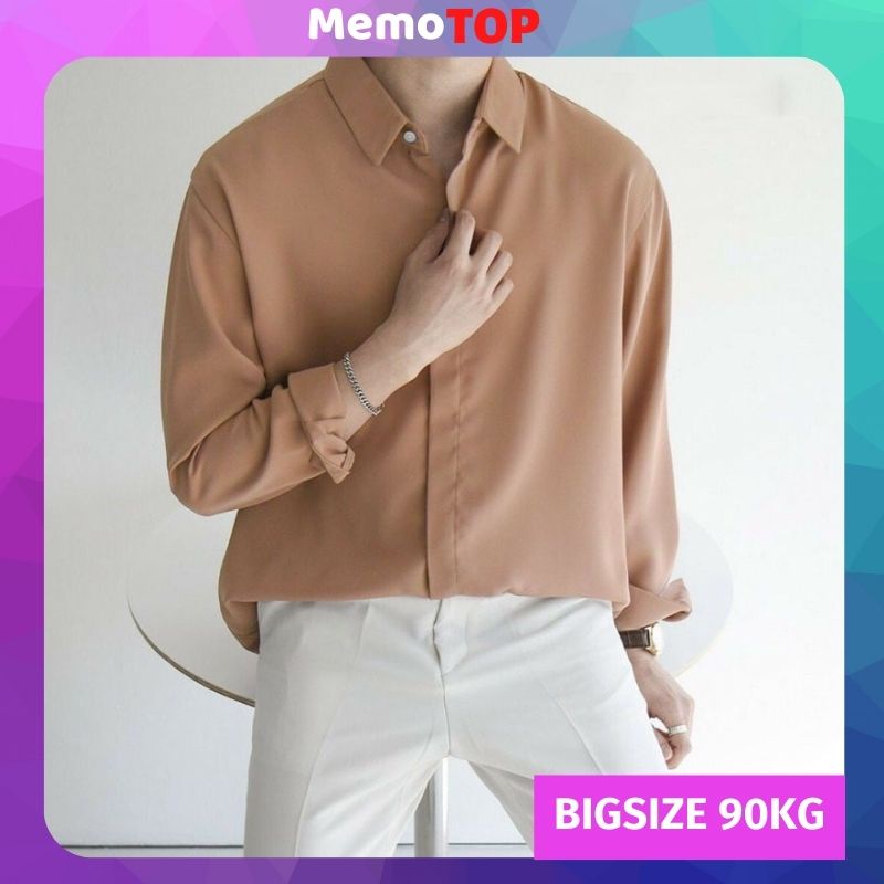 Áo sơ mi nam form rộng đẹp dài tay hàn quốc giấu cúc lụa mát trắng đen nâu be xanh đỏ MEMOTOP MM03