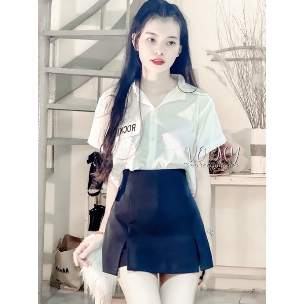 Set áo croptop sơmi phối chân váy