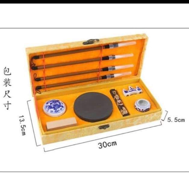 Văn phòng tứ bảo gấm vàng viết thư pháp, viết chữ Hán, chữ Trung Quốc - Nghiên mực, triện gỗ...