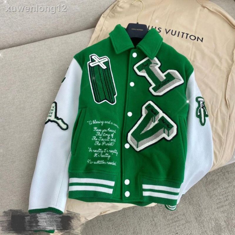 Áo khoác bomber bóng chày  lv xanh chất dạ phối tay da cao cấp