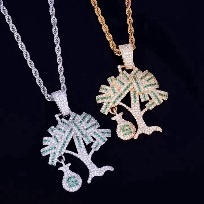 Chuỗi vòng cổ Mặt dây chuyền Cây tiền Accent Zircon Vàng Màu Hip Hop Phong cách cho Nam