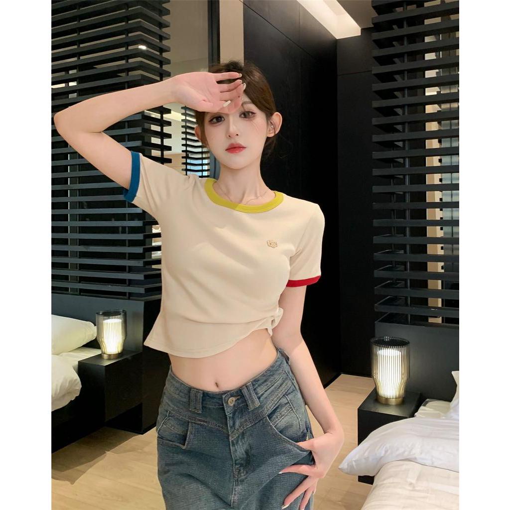 Áo Thun Dệt Kim Cổ Tròn Ngắn Tay Dáng Ôm Màu Sắc Tương Phản Thời Trang 6305