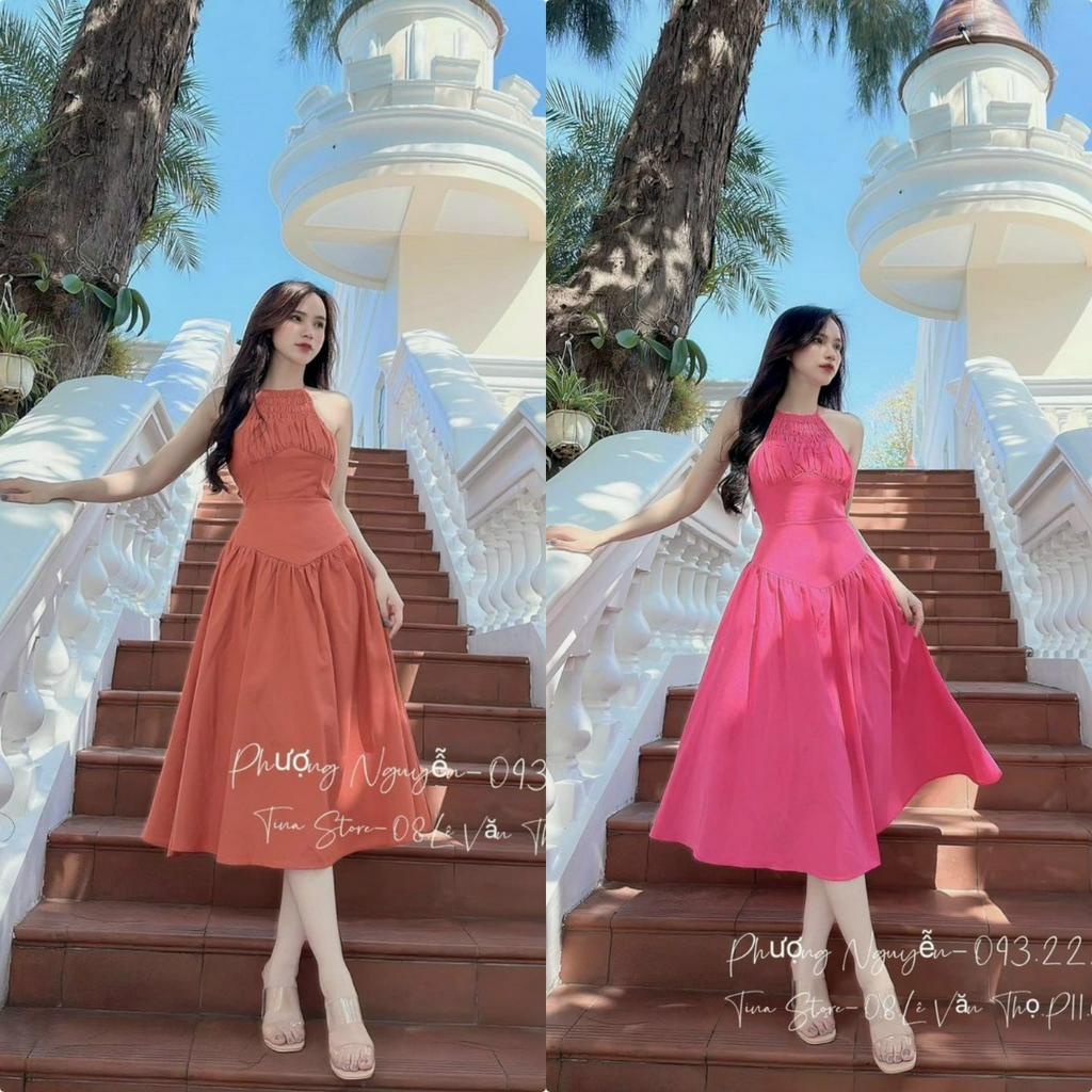 Váy đầm xòe cổ yếm nhún ngực thiết kế đan dây lưng thích hợp mặc đi chơi đi biển khá đẹp (có mút)