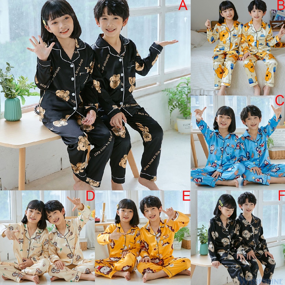 Bộ Đồ Ngủ Tay Dài Chất Lụa In Họa Tiết Dễ Thương Thời Trang Cho Bé Trai Và Gái
