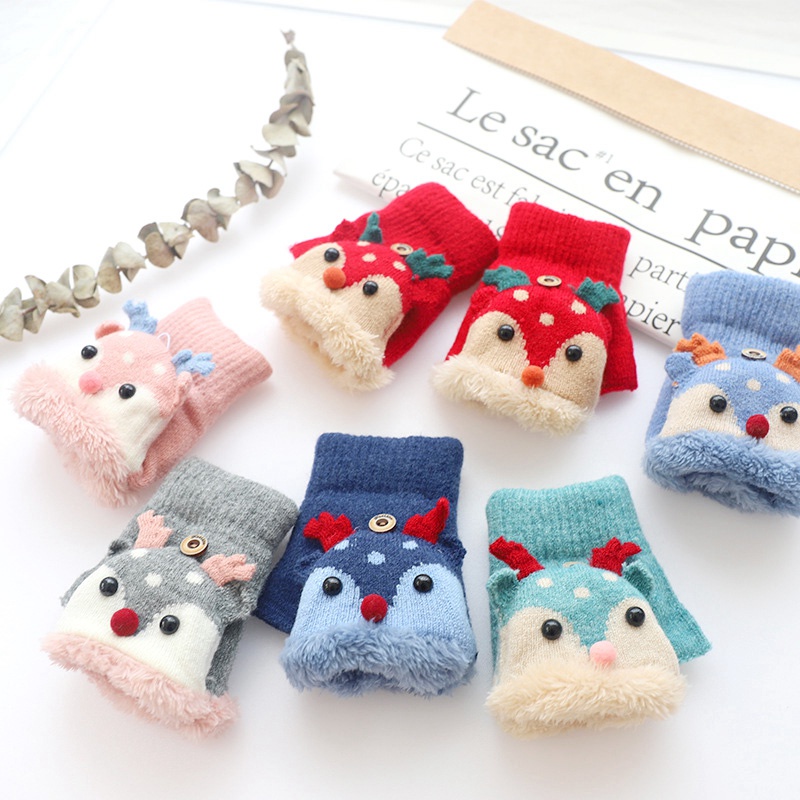 Găng tay nhung hở nửa ngón họa tiết tuần lộc đáng yêu hợp mùa đông cho bé 3-7 tuổi