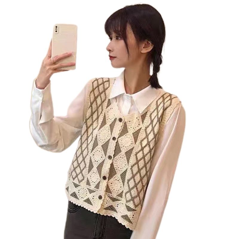 Brroa Áo Khoác Cardigan Dệt Kim Không Tay Cài Nút Họa Tiết Kim Cương Vintage Argyle Cho Nữ