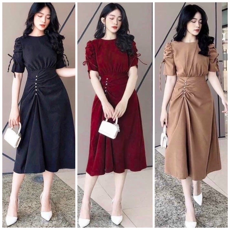 Đầm tay rút nút trắng 3 màu (kèm hình thật)
