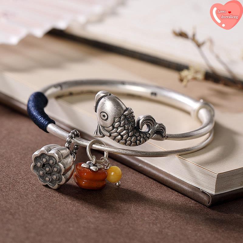 Love❤jewellery,S999 Silver Retro Lotus Carp Bracelet