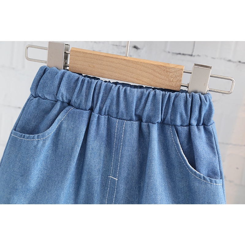 Bộ Trang Phục 2 Mảnh Gồm Áo Thun Tay Ngắn In Họa Tiết Hoạt Hình + Quần short denim Cho Bé Trai