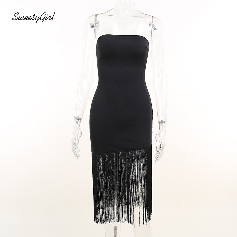 Đầm Ôm Không Tay Hở Vai Màu Trơn Phối Tua Rua Dành Cho Nữ