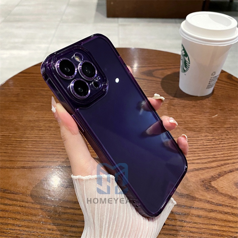 Ốp Điện Thoại Cứng Trong Suốt Màu Tím Đậm Có Miếng Dán Bảo Vệ lens Cho iPhone 14 13 12 Pro Max 14 Plus