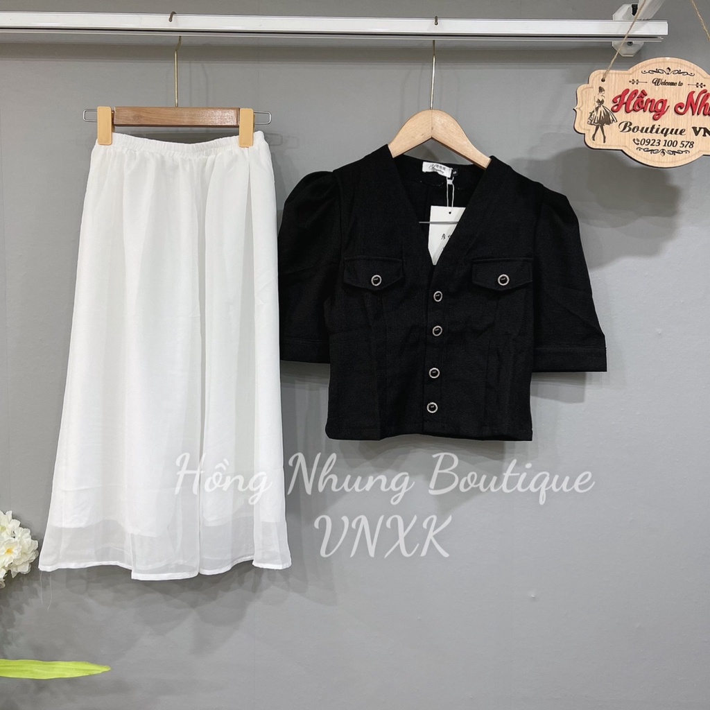 Sét áo và chân váy nữ ,set áo crotop cúc ngọc tay bông chân váy trắng, sét chân váy trắng