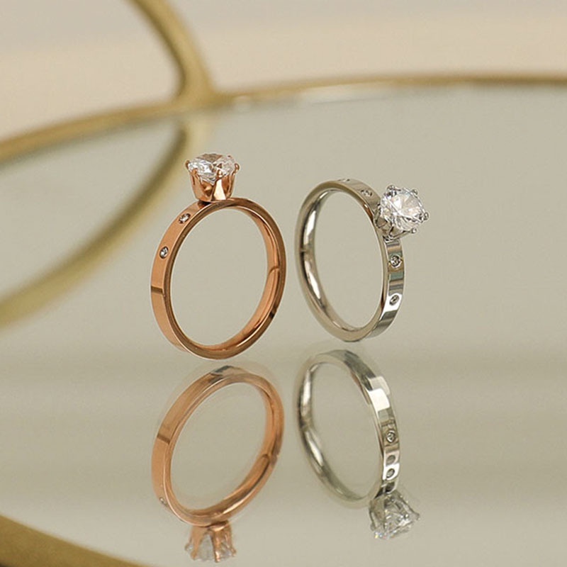 Nhẫn thép titan đính đá zircon đơn giản phong cách Âu Mỹ thời trang cho nữ