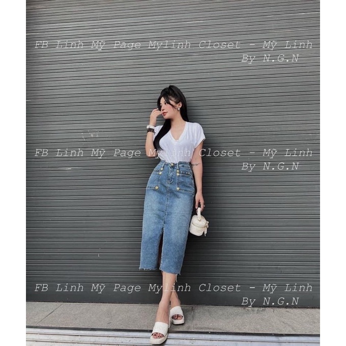 Chân váy jean túi đính cúc đồng