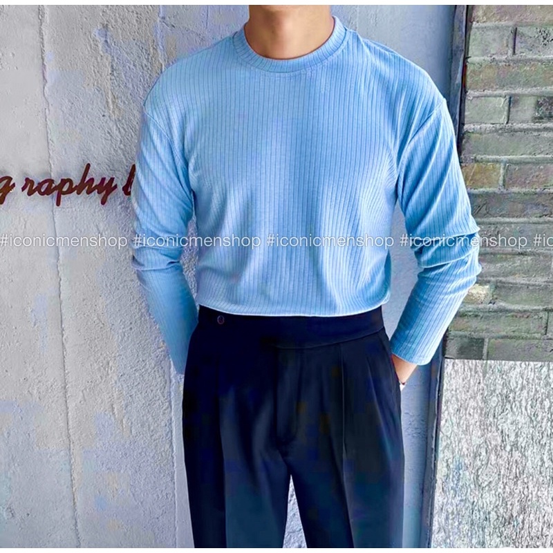 Áo thun nam dài tay sọc gân fom rộng style thanh lịch