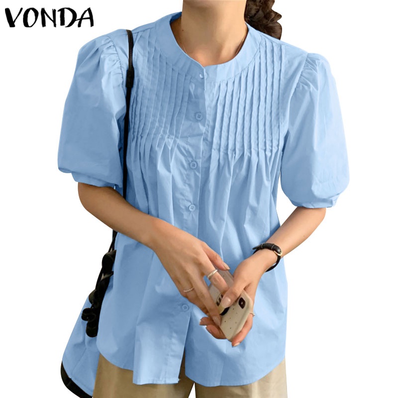Áo kiểu VONDA tay ngắn phồng xếp ly màu trơn thời trang Hàn Quốc cho nữ