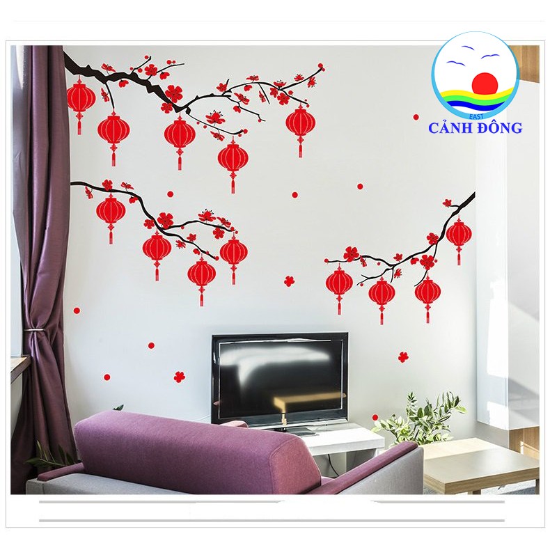 Decal dán kính cành đào lồng đèn tết đến xuân về