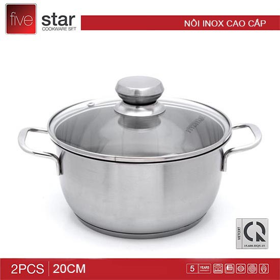 Nồi quánh Inox 3 đáy nắp kính Fivestar 18cm FTS18/ 20cm FTS20/ 24cm FTS24