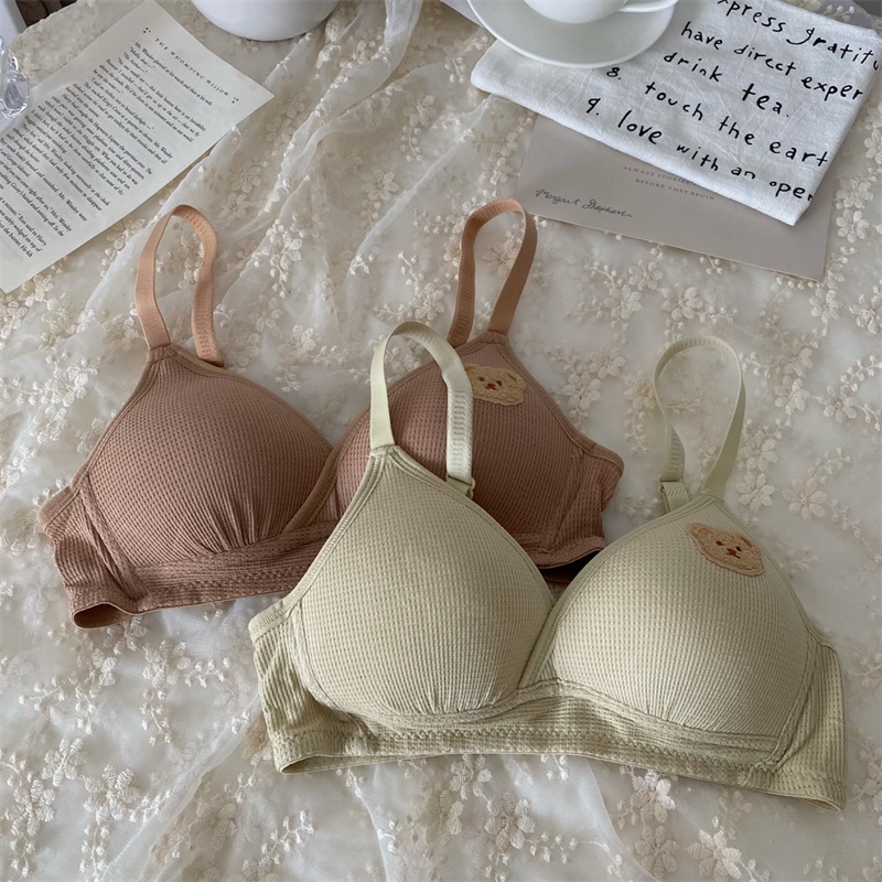 Áo Ngực cotton Mỏng Không Gọng Thêu Hình Gấu Nâng Ngực Thời Trang Cho Nữ