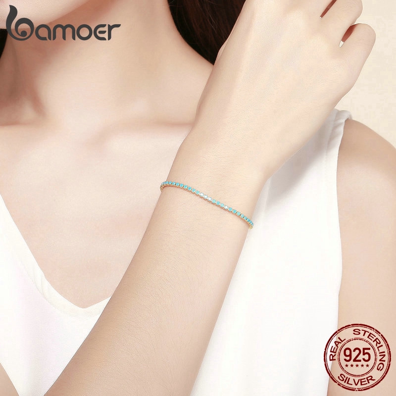 Vòng Tay Bamoer Dạng Chuỗi Xích Làm Bằng Bạc Đính Đá Ngọc Lam Mạ Vàng Thời Trang