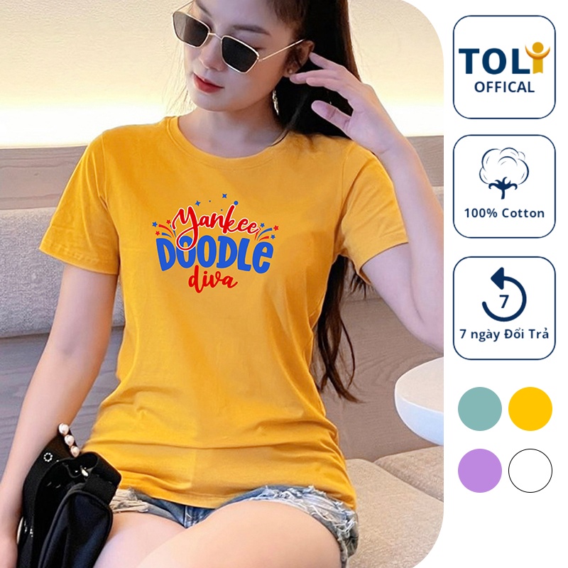 Áo Thun Nữ TOLI Cổ Tròn in Doodle, 100% Cotton 4 Chiều Mềm Mịn, Co Giãn, Form Suông Cơ Bản [Vàng-V10]