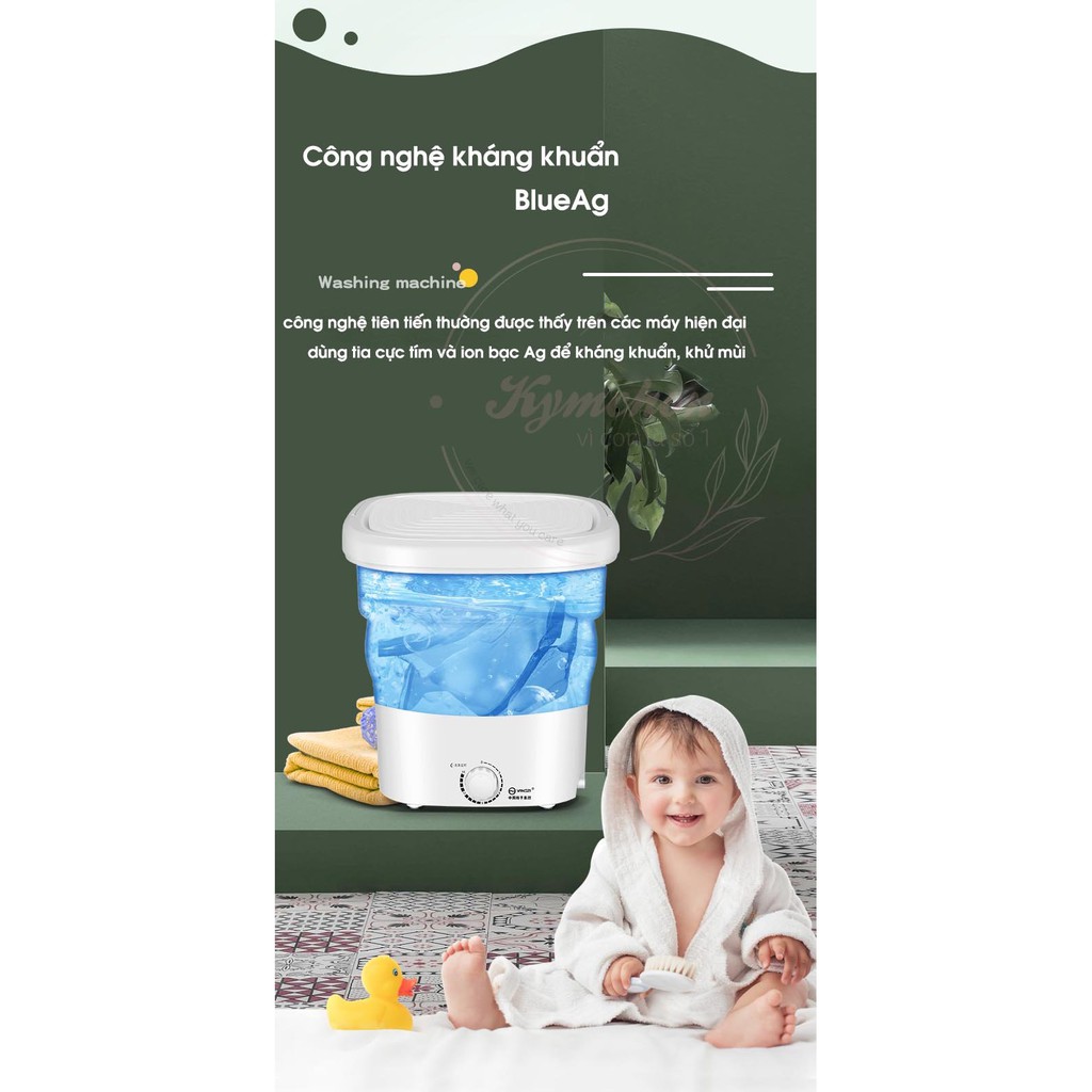 [FreeShip - Bảo hành] Máy giặt mini gấp gọn thông minh YANGZI chính hãng, vắt khô, khử trùng UV và Ozone giặt 4-5kg