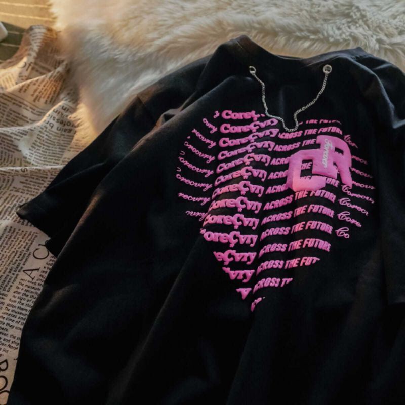 Áo Tee nữ local brand bên Trung in hình pulzze heart kèm chocker xích nhỏ 3 màu