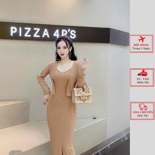 sét áo cardigan kèm váy 2 dây body màu xanh hồng đẹp dáng siêu hót phong cách YoLo-Fashion