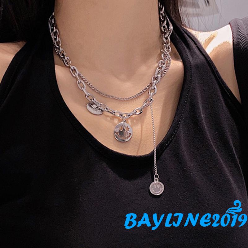 Bay-Women Layered Jewelry, Alloy Smile Face Charm Chain Necklace for Ladies, Gift for Girlfriend and Mother, Silver