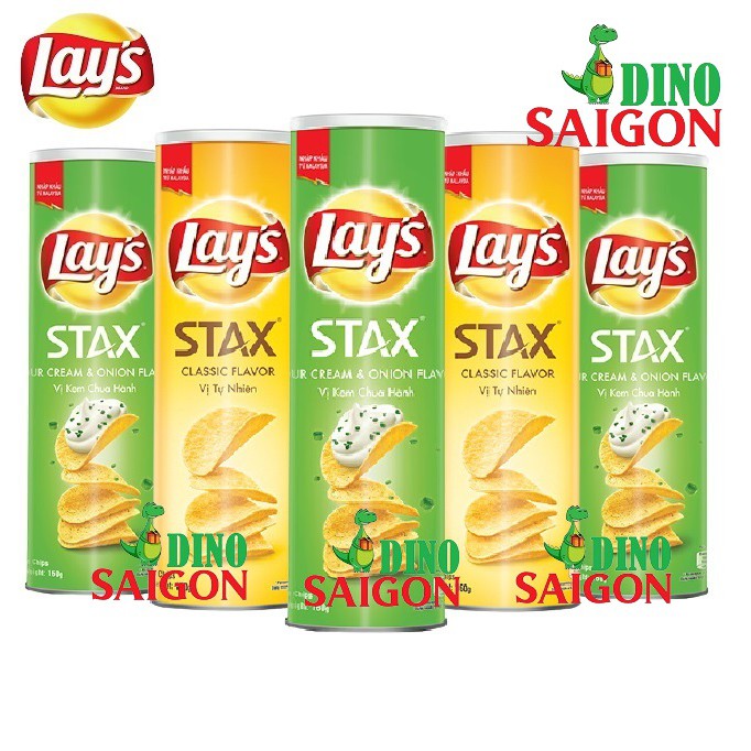 Combo 5 Hộp Bánh Snack Khoai Tây Lay's Stax Malaysia 160g gồm 3 vị Kem Chua Hành + 2 vị Tự Nhiên