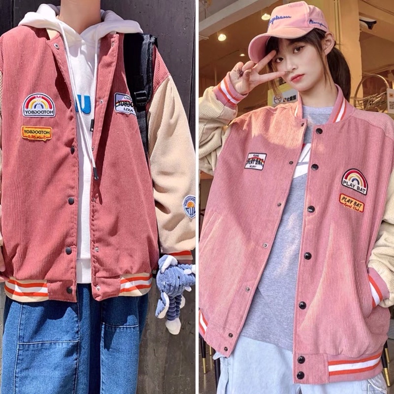 Áo khoác nhung, áo nhung bomer logo cầu vồng nam nữ cúc bấm sumisu shop 001