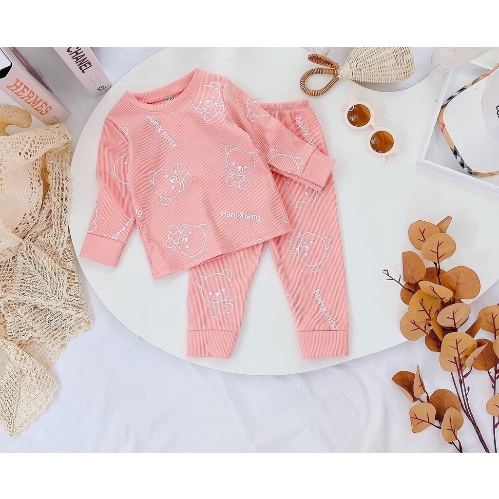 Bộ Dài Tay THUN GÂN MINKY MOM In Hình Toàn Thân Họa Tiết Gấu toàn thân, Bộ quần áo dài tay bé trai, bé gái từ 5-18kg