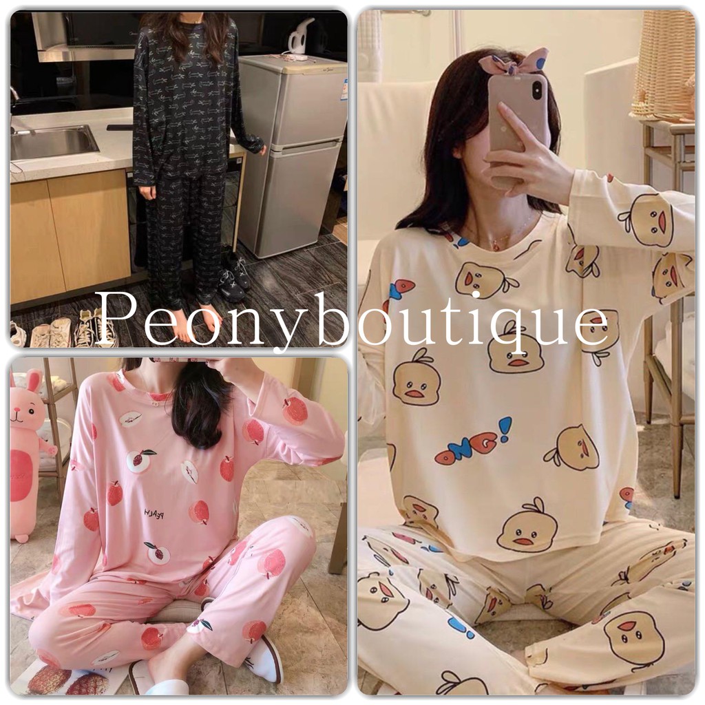 Bộ Thun Dài Tay Mixs Icon Nữ [FREESHIP] 🌸 Set ngủ hoạt hình mặc ở nhà bánh bèo màu Trắng | Đen | Hồng Ulzzang HOT 🌸 | WebRaoVat - webraovat.net.vn