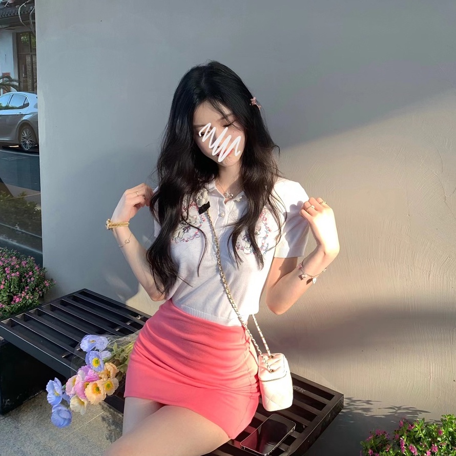 Áo Thun POLO Dệt Kim Tay Ngắn Thêu Hình Mèo 【ZHELIHANGFEI】 Dễ Phối Đồ