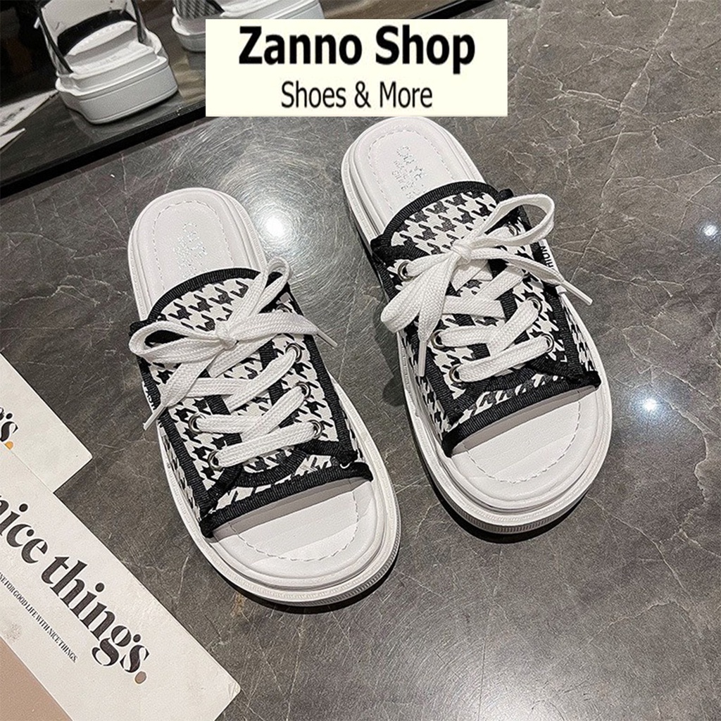 Dép Quai Ngang Nữ Dây Buộc Kẻ Caro Siêu HOT 2022, Dép Đế Bánh Mỳ Cao 3cm Form Ôm Chân