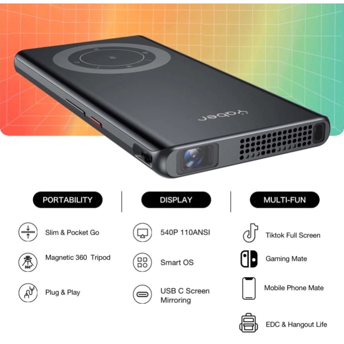 Máy chiếu mini bỏ túi YABER PICO T1 Wifi 5Ghz thiết kế sang trọng đăng cấp - Độ sáng 110 ASNI - MH 100" 1GB + 32GB