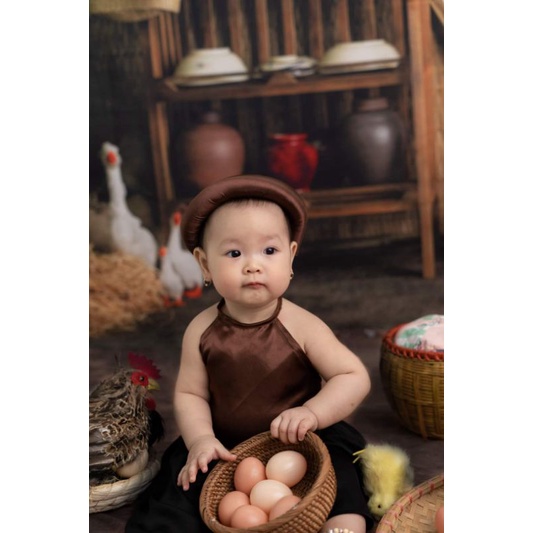 Váy yếm đào nâu tặng kèm vấn siêu dễ thương dành cho bé 5 đến 20kg -A51
