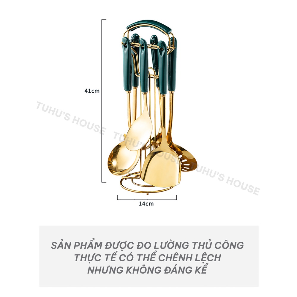 Bộ dụng cụ nhà bếp nấu ăn 7 món màu xanh cổ vịt mạ vàng cao cấp, cán sứ sang trọng chắc chắn – TUHUHOUSE