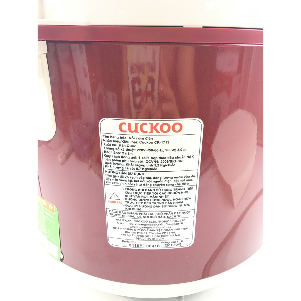 Nồi cơm điện 3.0 lít Cuckoo CR-1713 đỏ hoa