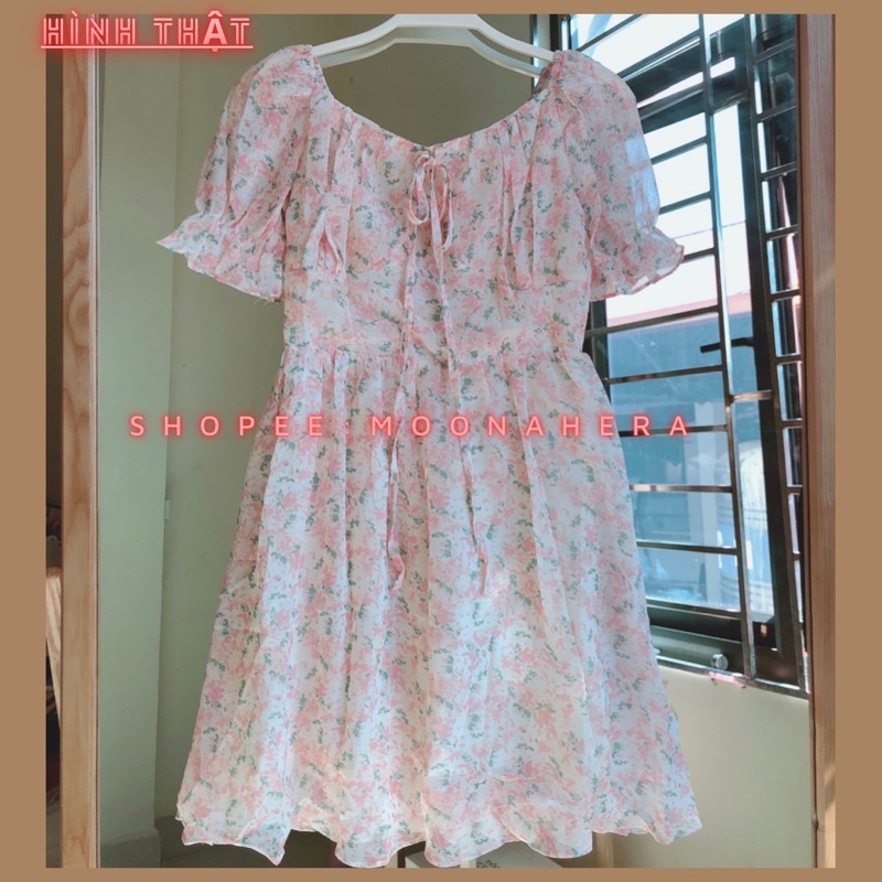 Đầm hoa nhí hồng babydoll dáng váy xoè thắt dây hình thật cuối