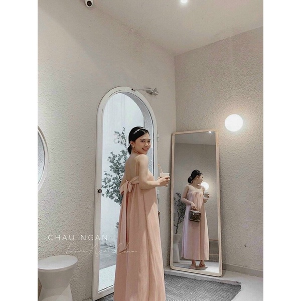 [Hàng đẹp]Đầm dập ly 2 dây cột nơ sau lưng dáng suông _hình thật. alohashop91