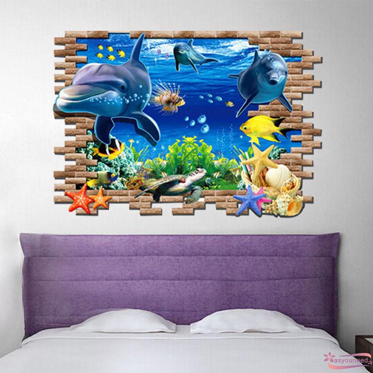 Decal dán tường hình cá heo 3D sáng tạo dễ tháo gỡ chất liệu PVC kích thước 50x70cm