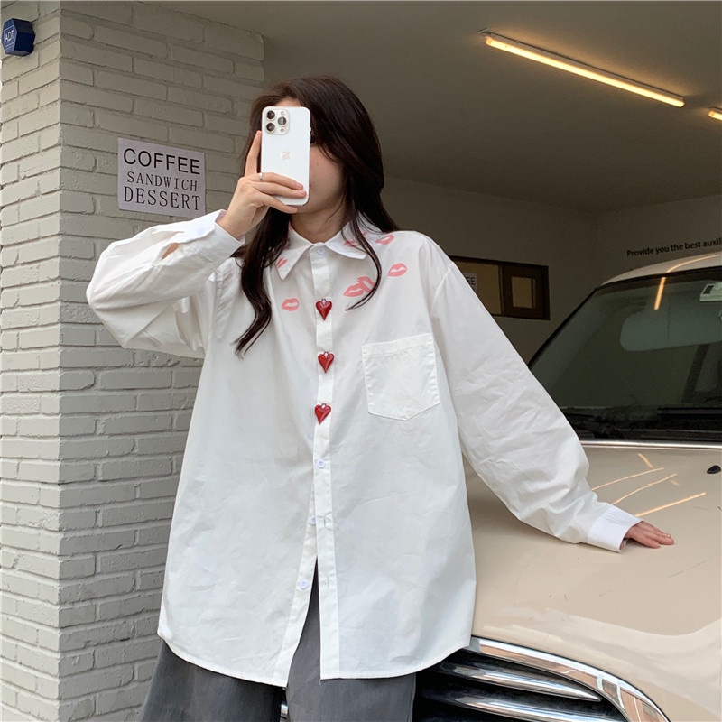 Áo sơ mi ZHELIHANGFEI tay dài dáng rộng họa tiết đôi môi phong cách đi học dễ phối đồ thời trang
